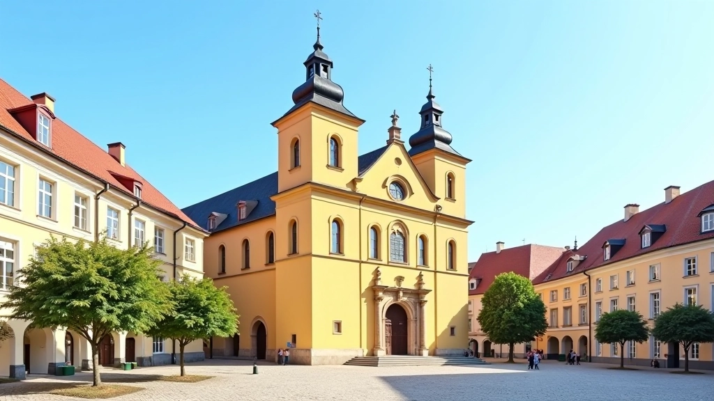 Kostel Nanebevzetí Páně se žlutou fasádou a dvěma věžičkami v Telči