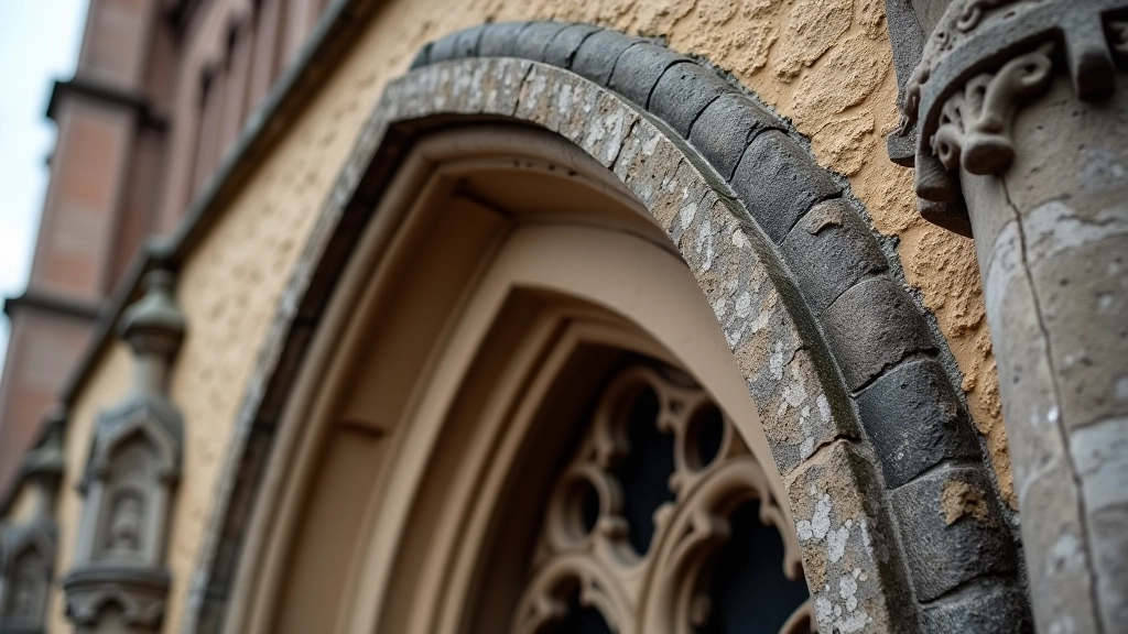 Detail gotické architektury s kamenným obloukem a zdobením na kostele v Telči