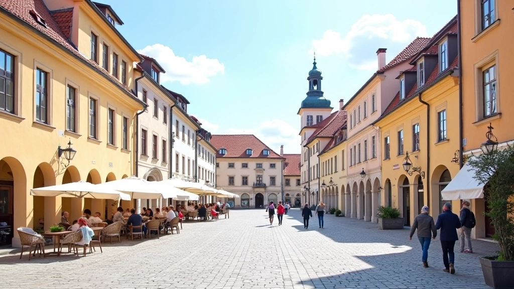 Historické náměstí Telč se starými budovami a fasádami z renesance, věž v pozadí, slunečný den