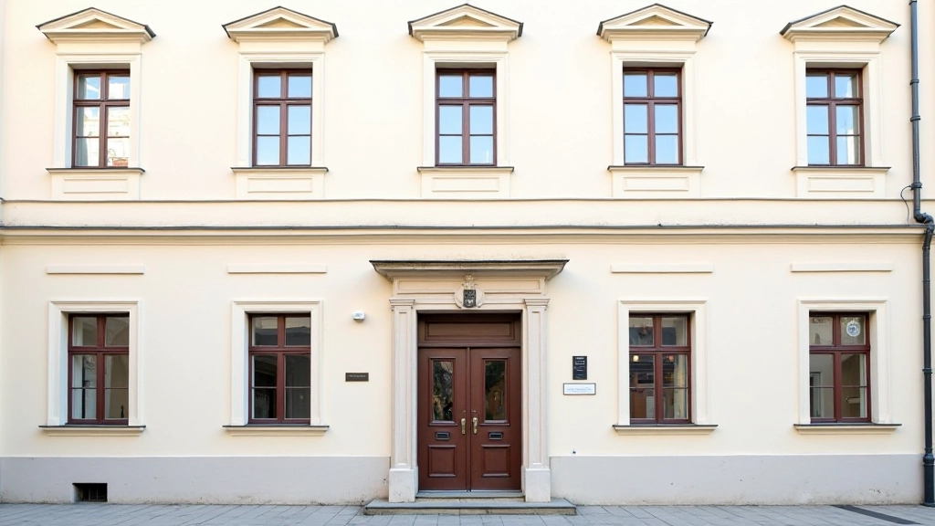 Klasicistní budova v Telči s proporčními okny, čistou fasádou bez ornamentů, měkkým světlem