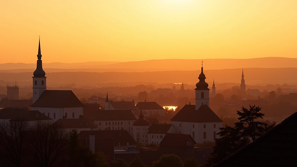 Pohled na Telč se všemi kostely viditelný z okolních kopců během sunset s teplým světlem